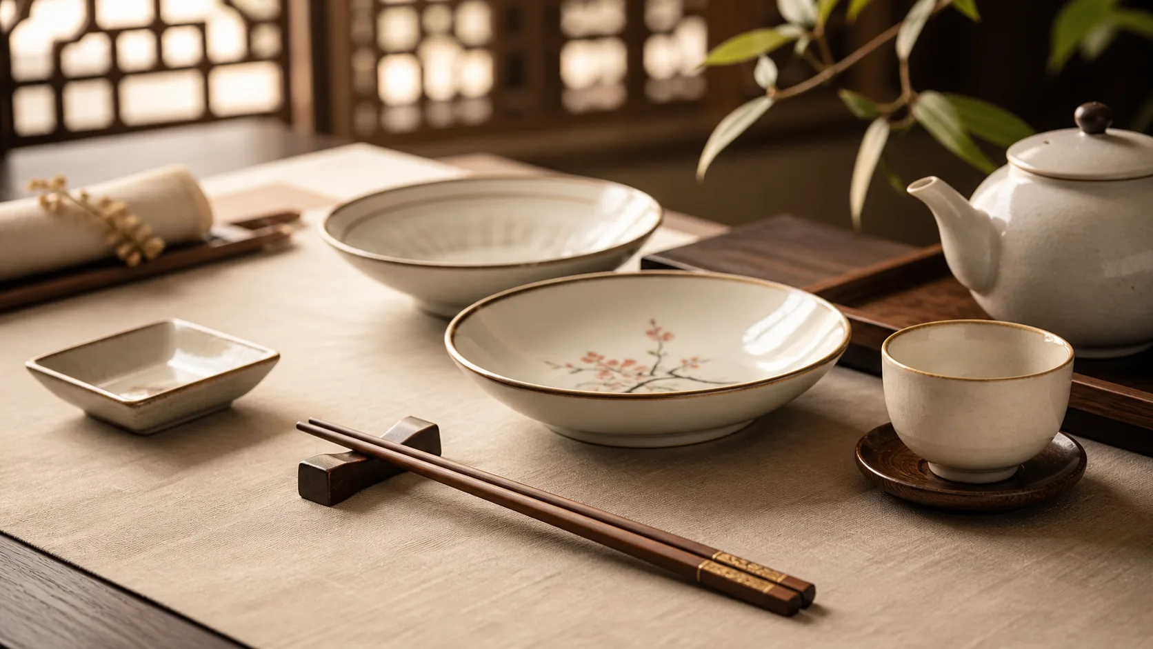 Formal table setting with chopsticks on a rest